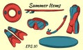 A Set Of Items Necessary For Water Sports. Surfboard, Fins, Wetsuit, Mask, Lifebuoy.