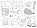 A set of items for the sauna. Isolated black outline objects on a white background. Royalty Free Stock Photo