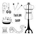 Set of elements for sewing clothes. Vector doodle collection