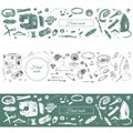 Set of  items for sewing. Hand drawn sketch of different elements on turquoise and white background. Horizontal template for Royalty Free Stock Photo