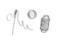 A set of items for sewing and needlework. Doodle icons are a button, a spool of thread and a needle. Vector illustration Royalty Free Stock Photo