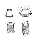 A set of items for sewing and needlework. Doodle icons, a spool of thread and a needle. Vector illustration Royalty Free Stock Photo