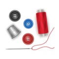 Set of items for sewing, red thread with a needle, buttons and thimble, in a realistic style, vector illustration