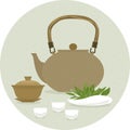 A set of items for traditional Chinese tea drinking Pin Cha. The kettle, gaiwan and the green tea leaves