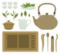 A set of items for traditional Chinese tea drinking Pin Cha on a white background. The tea Board, kettle, gaiwan and the green tea Royalty Free Stock Photo