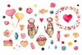 Set of items for Valentine's Day. Cute cartoon otters, flowers, bouquet, heart, sweets, tea party. Watercolor