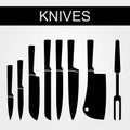 Set of knives in vector. Black-white silhouettes of objects on a light background.