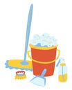 Set of items for wet cleaning. Plastic water bucket, chemical detergent bottle. Vector illustration of general cleaning. Cleaning