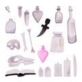 A set of items for witchcraft rituals: skulls, bones, flasks and potions, a book, a dagger, a love potion, candles, paper labels. Royalty Free Stock Photo