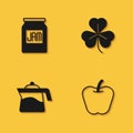 Set Jam jar, Apple, Teapot and Clover icon with long shadow. Vector