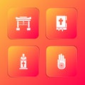 Set Japan Gate, Holy bible book, Church pastor preaching and Jainism Jain Dharma icon. Vector