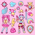 Set of japanese anime cosplay objects. Cute kawaii characters and items Royalty Free Stock Photo
