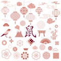 Set of japanese and chinese icons. Tree, Bamboo, Flowers, Wave, Fan, Cloud, Mount Fuji, Cherry Blossom. Chinese lanterns Royalty Free Stock Photo