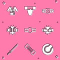 Set Japanese costume Kimono, Groin guard, Boxing belt, Punch boxing gloves, katana and Chest expander icon. Vector