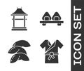 Set Japanese costume Kimono, Japan Gate, Chinese fortune cookie and Sushi on cutting board icon. Vector