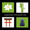 Set of japanese cultural symbols. Vector illustration of a set of icons of lotus, torii, ritual gates and bamboo. Colorful flat