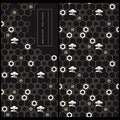 Set with japanese decorated black product label and the same seamless vector pattern