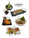 Set of Japanese food, Hand draw sketch vector Royalty Free Stock Photo