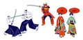 Set of Japanese Geisha with Umbrella and Samurai Warriors Characters in Traditional Kimono Fighting on Swords Royalty Free Stock Photo