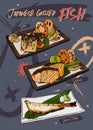 Set of Japanese grilled fish steak. hand draw sketch vector