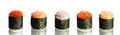 Set of Japanese gunkan sushi with caviar, salmon, shrimp, flying fish roe isolated on white background with reflection Royalty Free Stock Photo