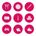 Set Japanese katana, Rice in bowl with chopstick, tea ceremony, Sushi, cutting board, Traditional and Gate icon. Vector Royalty Free Stock Photo