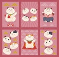 Set of Japanese lucky cat vertical poster vector flat cartoon illustration Asian feline luck mascot