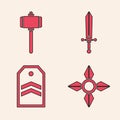 Set Japanese ninja shuriken, Battle hammer, Medieval sword and Chevron icon. Vector