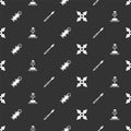 Set Japanese ninja shuriken, Soldier grave, Rocket and Medieval spear on seamless pattern. Vector