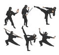 Set of japanese ninja warriors dressed in black with swords and other weapons. Vector illustration, isolated on white. Royalty Free Stock Photo