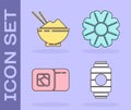 Set Japanese paper lantern, Rice in a bowl with chopstick, Sushi and Flower icon. Vector