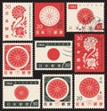 Set of Japanese postage stamps with chrysanthemum Royalty Free Stock Photo