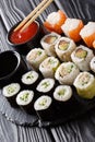 Set Japanese rolls assortment maki, uramaki, hosomaki are served Royalty Free Stock Photo