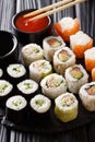 Set of Japanese rolls in the assortment are served with sauces c Royalty Free Stock Photo