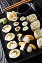 Set of Japanese rolls sushi Hosomaki, Uramaki, Maki, Nigiri, Tamagoyaki served with ginger, wasabi and soy sauce close-up. Royalty Free Stock Photo