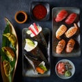 Set of Japanese sushi background chinese dumpling gyoza jiaozi, temaki, nigiri, with salmon, eel, tuna, shrimp, avocado, crab Royalty Free Stock Photo