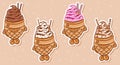 set of Japanese Taiyaki with ice cream cute drawing