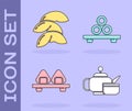 Set Japanese tea ceremony, Chinese fortune cookie, Sushi on cutting board and Sushi on cutting board icon. Vector