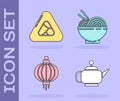 Set Japanese tea ceremony, Sushi, Japanese paper lantern and Asian noodles in bowl and chopsticks icon. Vector Royalty Free Stock Photo