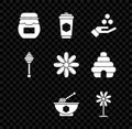 Set Jar of honey, Cup tea with, Honeycomb and hand, Hive for bees, dipper stick bowl, Flower, and icon. Vector