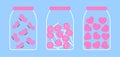 Set of jars with butterflies, lollipops and hearts. Awesome cute vector illustration. Cool flat clip art. Icons for greeting cards