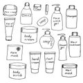 Set of jars with care cosmetics, creams and scrubs for face, body, hands and feet, shampoo and hair balm, vector illustration,