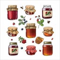 Set jars for jam, empty cans, cover, packaging, a black line on a white background. Vector skech food Royalty Free Stock Photo