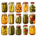 Set with jars of pickles and preserves on a white background. Generated by AI