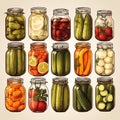 Set with jars of pickles and preserves on a white background. Generated by AI Royalty Free Stock Photo