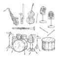 Set jazz musical instruments. Vintage black engraving illustration Royalty Free Stock Photo