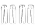 Set of Jeans botton fly tapered Denim pants technical fashion illustration with full length, normal low waist, high rise