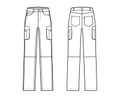 Set of Jeans cargo Denim pants technical fashion illustration with low waist, rise, pockets, belt loops, full lengths