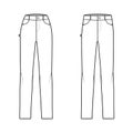 Set of Jeans carpenter Denim pants technical fashion illustration with full length, normal low waist, high rise, Rivets