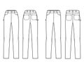 Set of Jeans carpenter Denim pants technical fashion illustration with normal low waist, high rise, 5 pockets. Flat